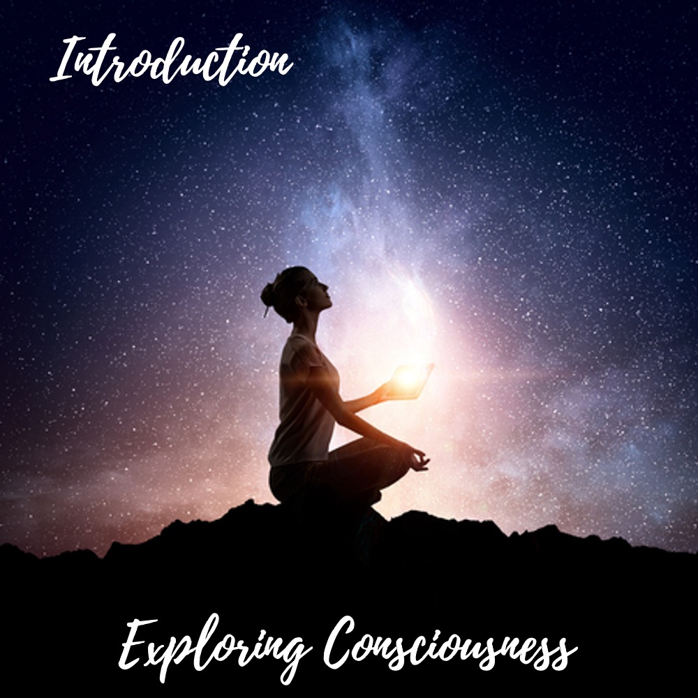 Woman meditating under starry sky, exploring consciousness.