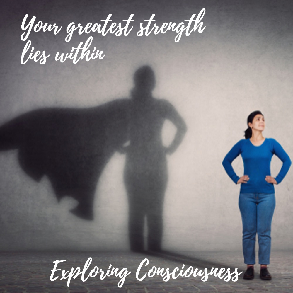 Woman with superhero shadow: Exploring consciousness