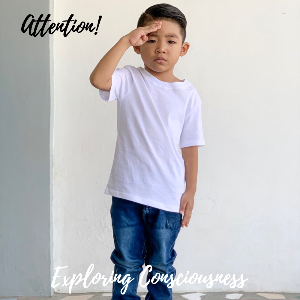 Boy in white tee saluting.