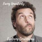 Man looking upwards, facing uncertainty and exploring consciousness.