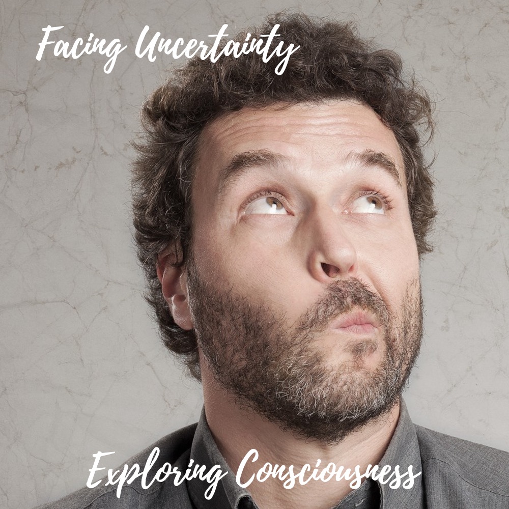 Man looking upwards, facing uncertainty and exploring consciousness.
