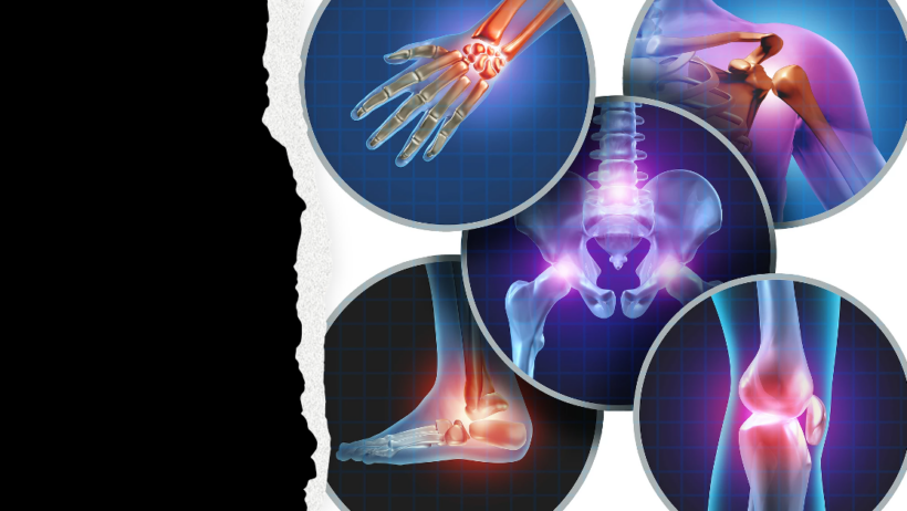 Joint pain illustration: hand, shoulder, spine, knee, foot