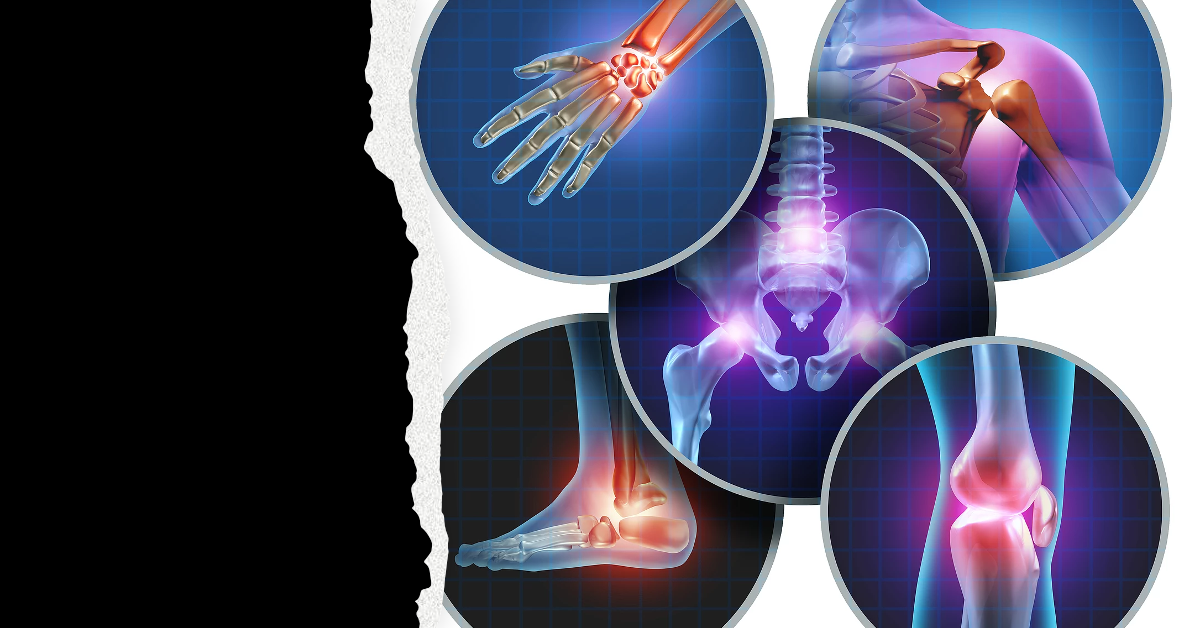 Joint pain illustration: hand, shoulder, spine, knee, foot