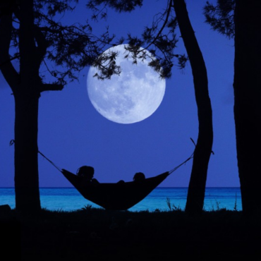 People in hammock under moonlit sky at night.