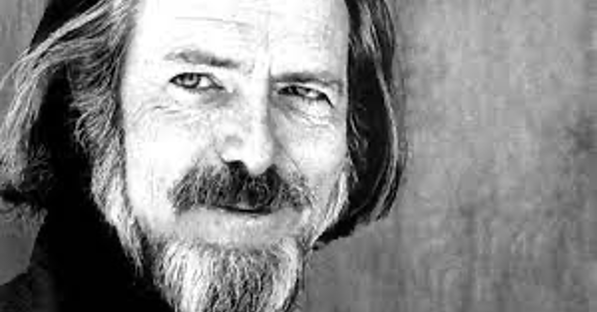 Black and white portrait of Alan Watts.