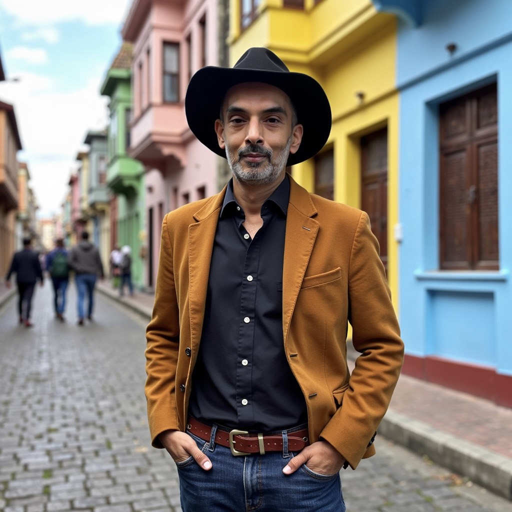 Man in hat on colourful Colombian street.