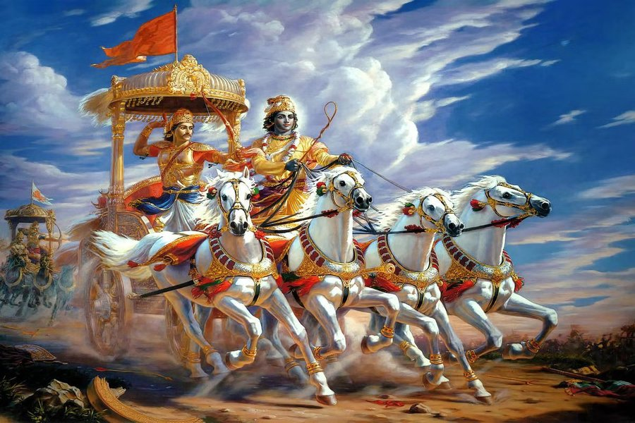 Krishna and Arjuna in chariot, Mahabharata scene