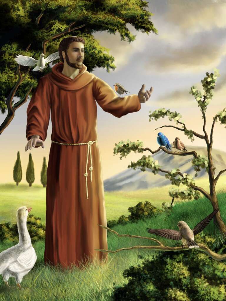 St. Francis with birds in a peaceful landscape.