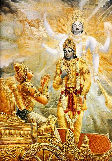 Krishna reveals his divine form to Arjuna.